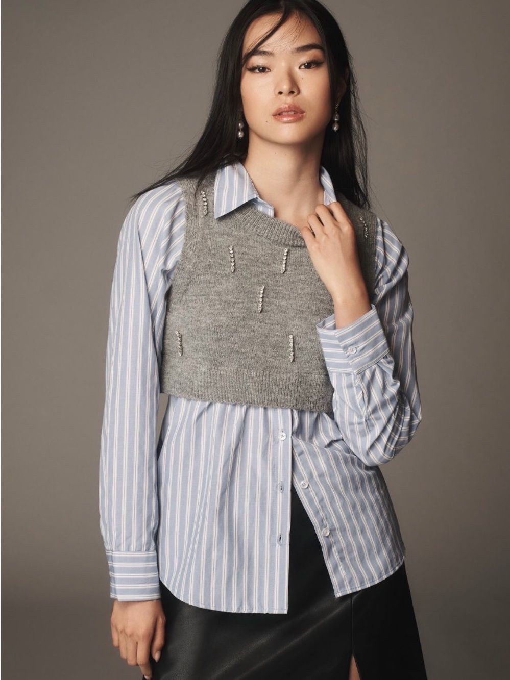 Maeve Gray Cropped Knit Embellished Vest